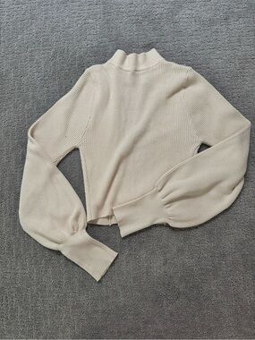 Cropped Ribbed Cream Turtleneck Keyhole Sweater with Balloon Sleeves